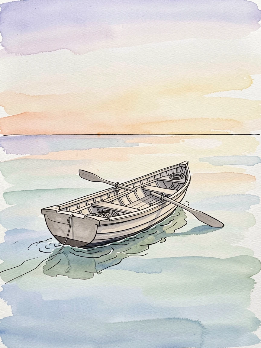A small boat setting out alone across a vast calm ocean at dawn, a quiet sense of hope and possibility filling the scene.