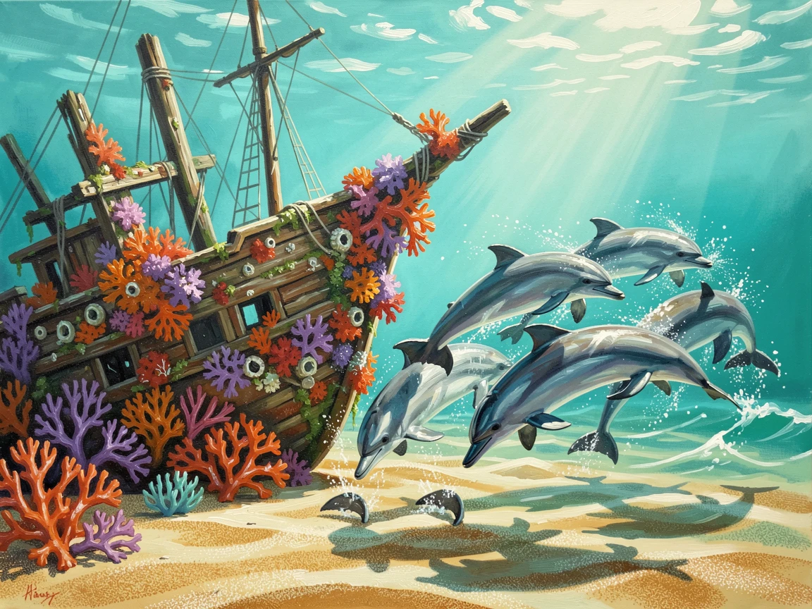 Beside a sunken shipwreck covered in coral, a pod of dolphins leaping through ocean waves, its shadow rippling across the sandy seafloor, in crystal-clear turquoise water beneath a midday sun.