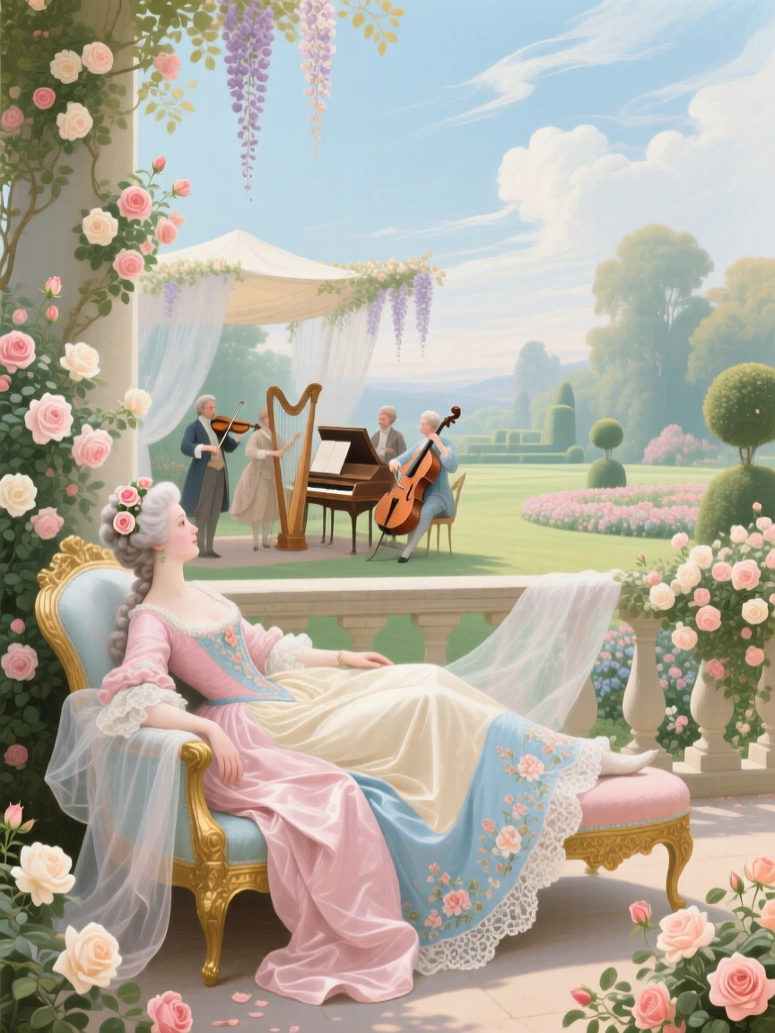 A queen watching an outdoor concert from a terrace filled with roses  