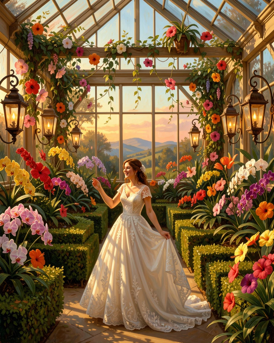 A bride plays among the hedges of a sunlit greenhouse full of exotic blooms as lanterns are lit for evening.