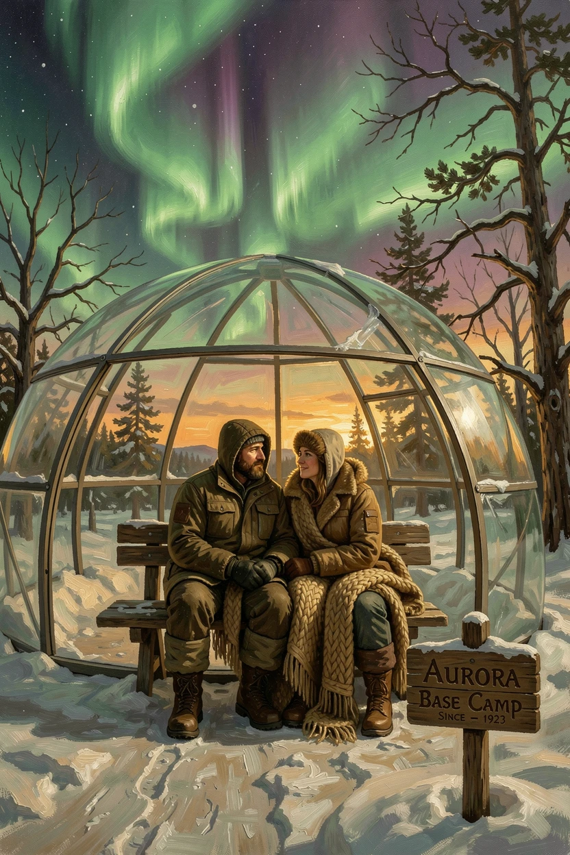 A couple watching the northern lights from a remote glass igloo, as the golden light of dawn or dusk sets the perfect adventurous mood, celebrating exploration, discovery, and unforgettable experiences