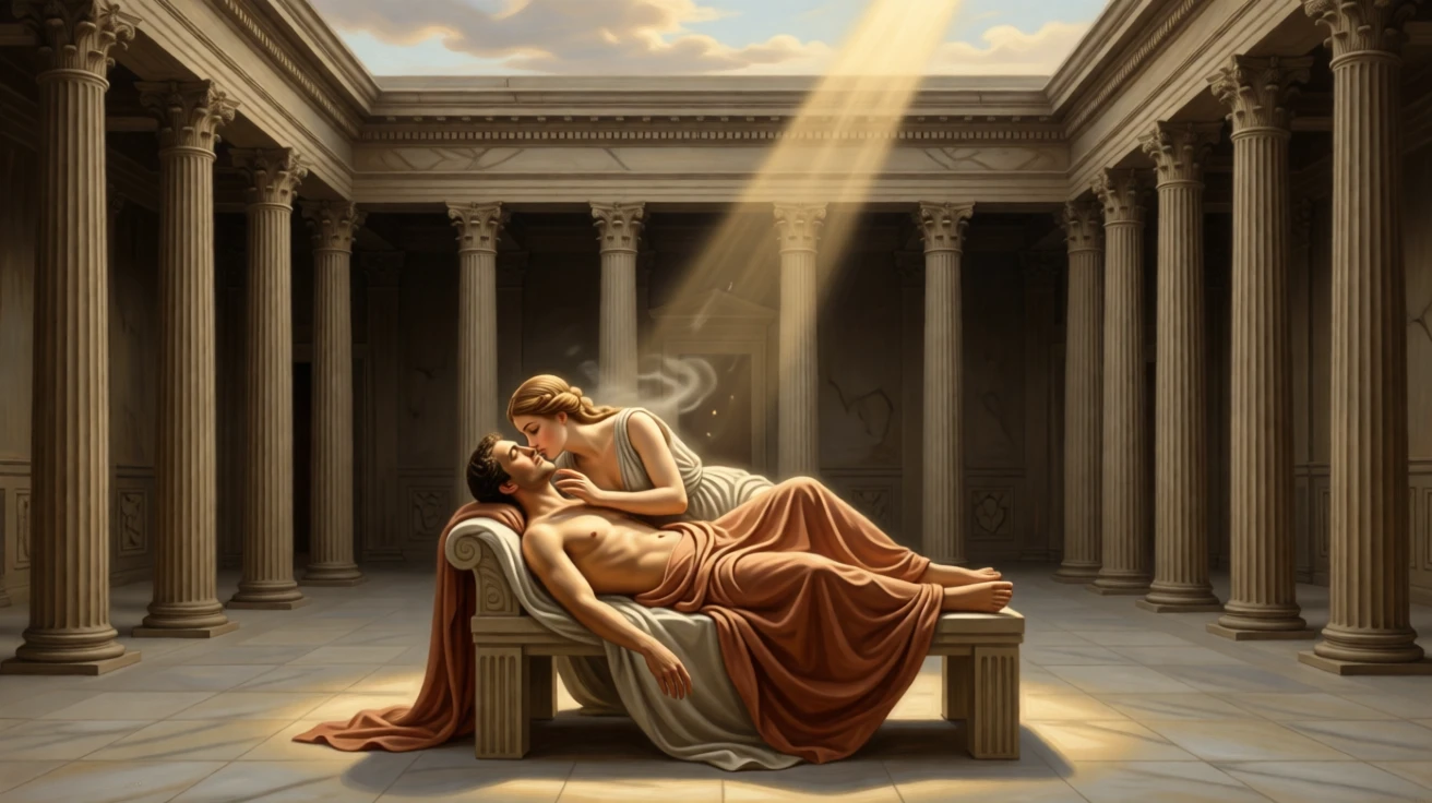 The muse of poetry whispering inspiration to a sleeping artist in a gesture that speaks to all of humanity, set within a classical temple open to the heavens, with a single ray of light illuminating the central symbolic gesture; radiating light from the central figure draws every eye inward, capturing the eternal struggle between light and shadow.