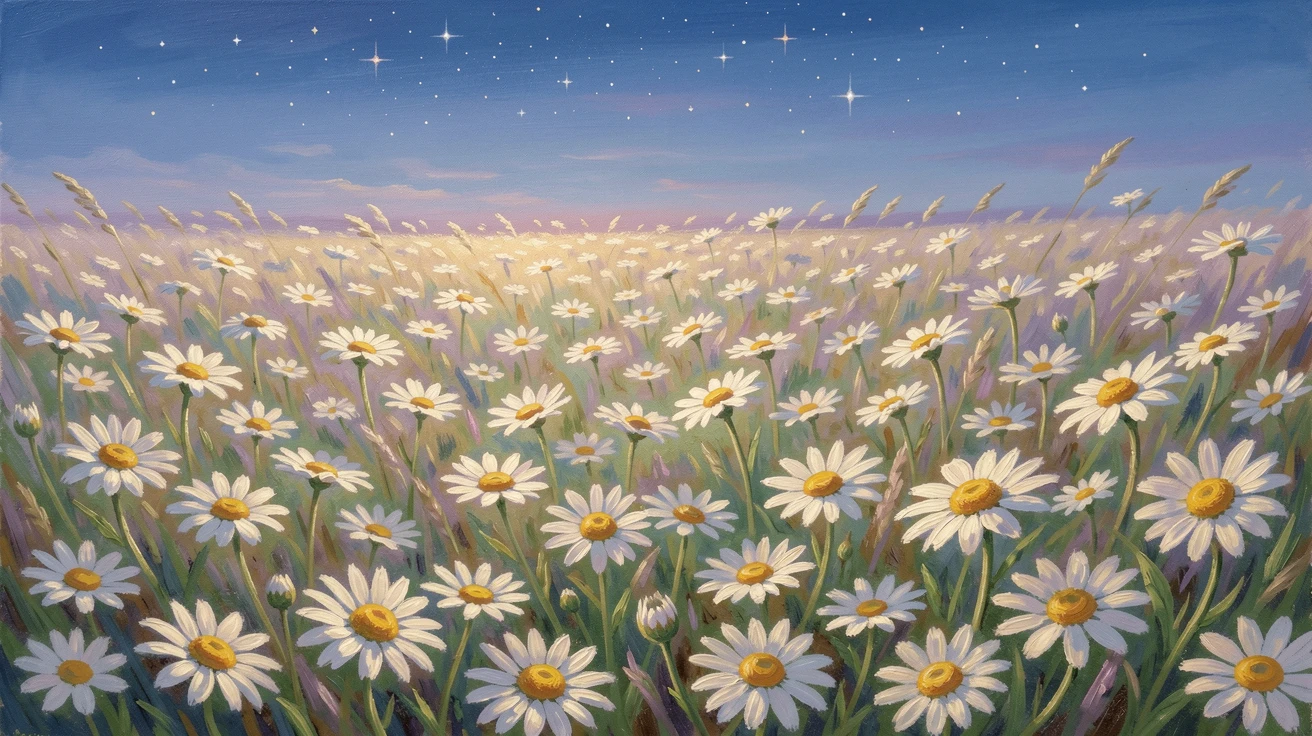 A field of wild chamomile swaying gently beneath a clear blue summer sky, under a canopy of stars.
