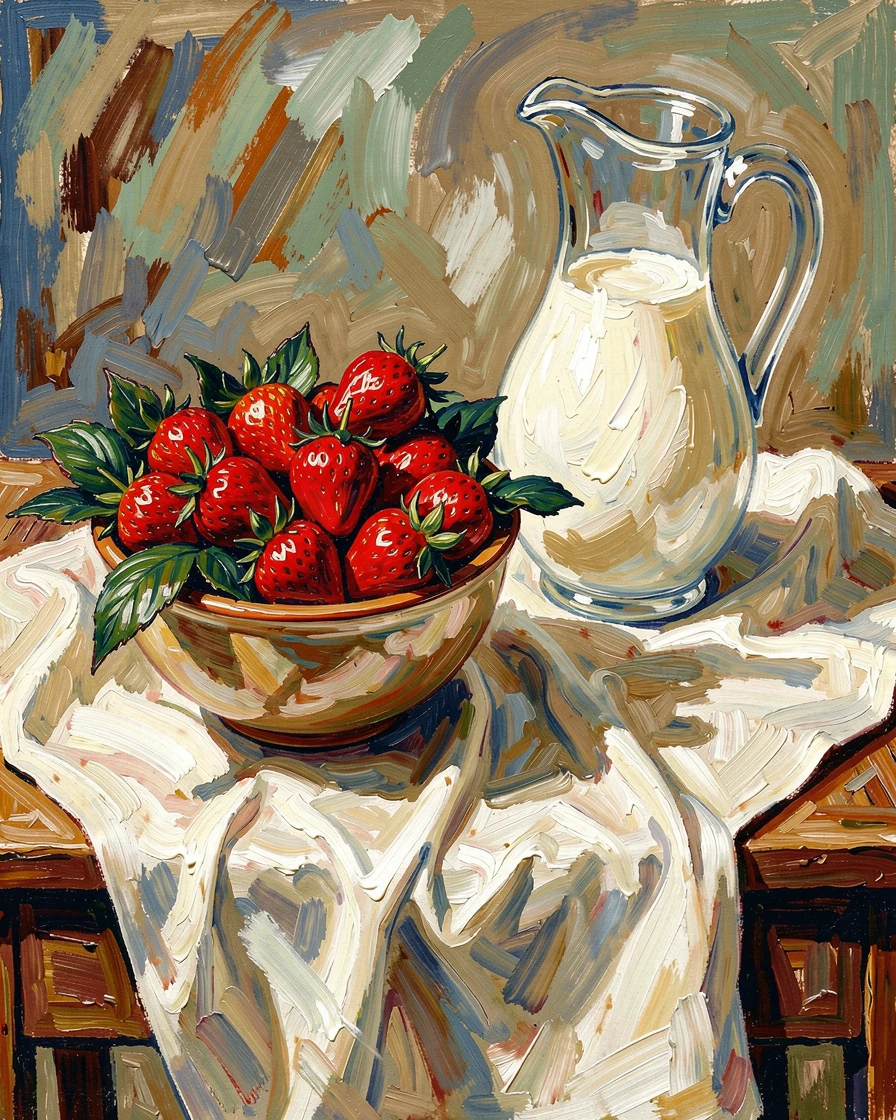 A bowl of strawberries beside a pitcher of cream and a linen tablecloth.