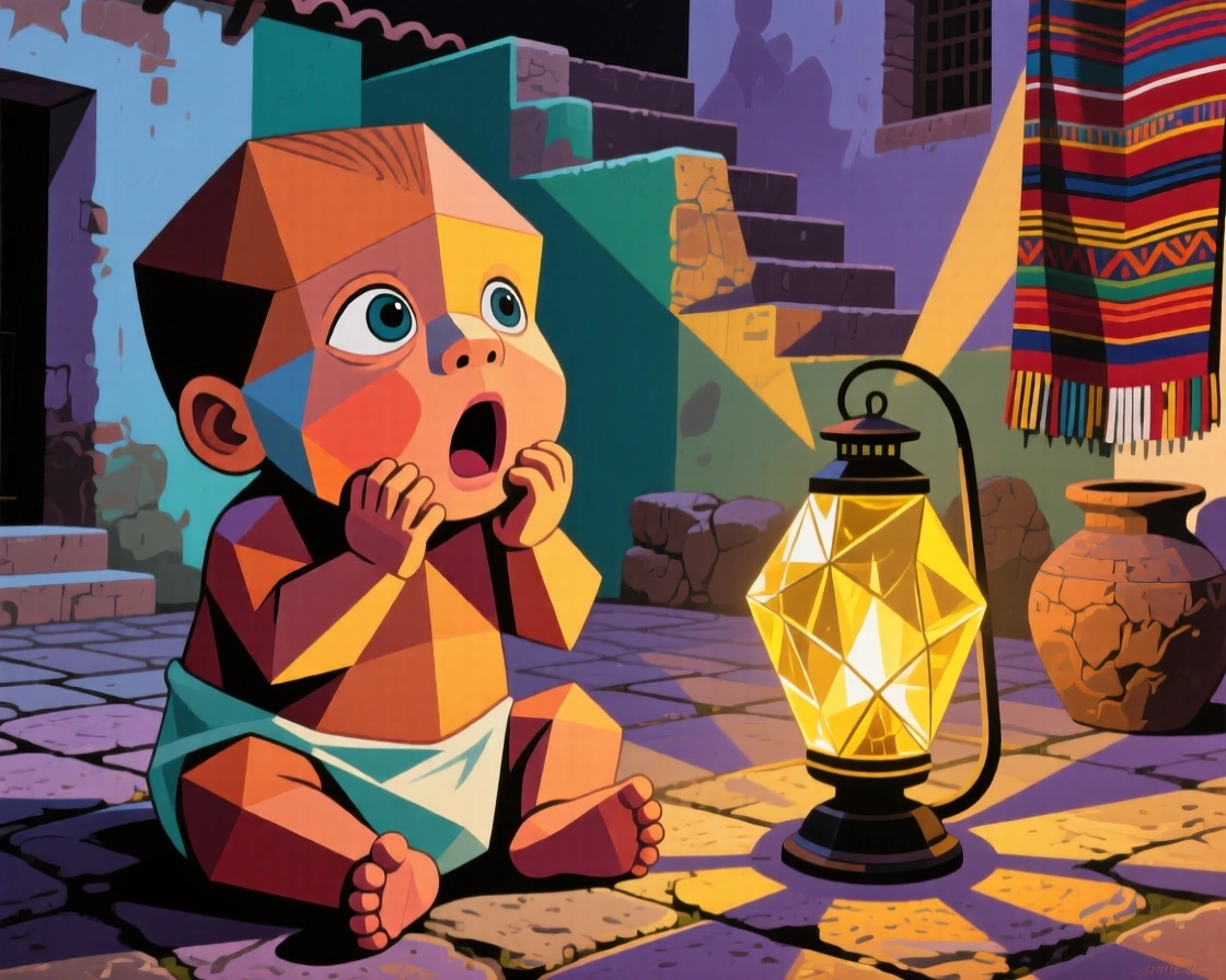 A medium shot of a newborn baby of Andean heritage gasping in wonder, in the glow of a lantern-lit courtyard.