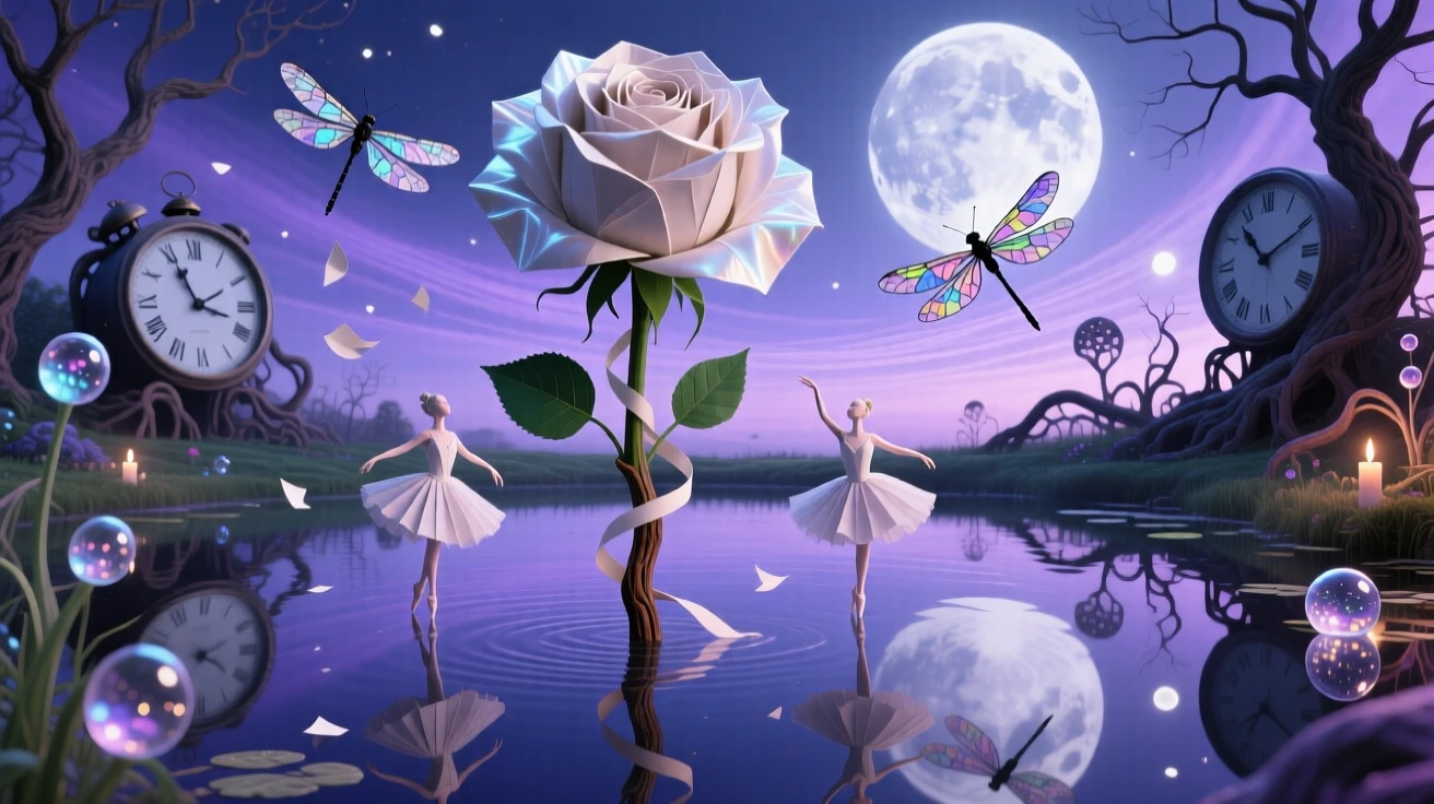 A single rose blooming petals made of soft folded paper grows quietly at the edge of a still, quiet pond, as petals fall slowly, spinning like tiny dancers.