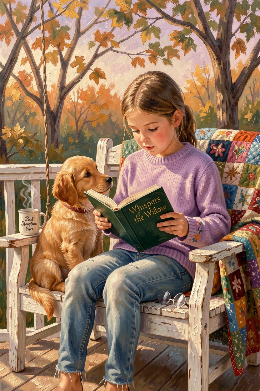 A young girl reads a book to her attentive puppy on a porch swing, both bathed in warm late-afternoon light, small personal details in their clothing and surroundings hinting at their story.