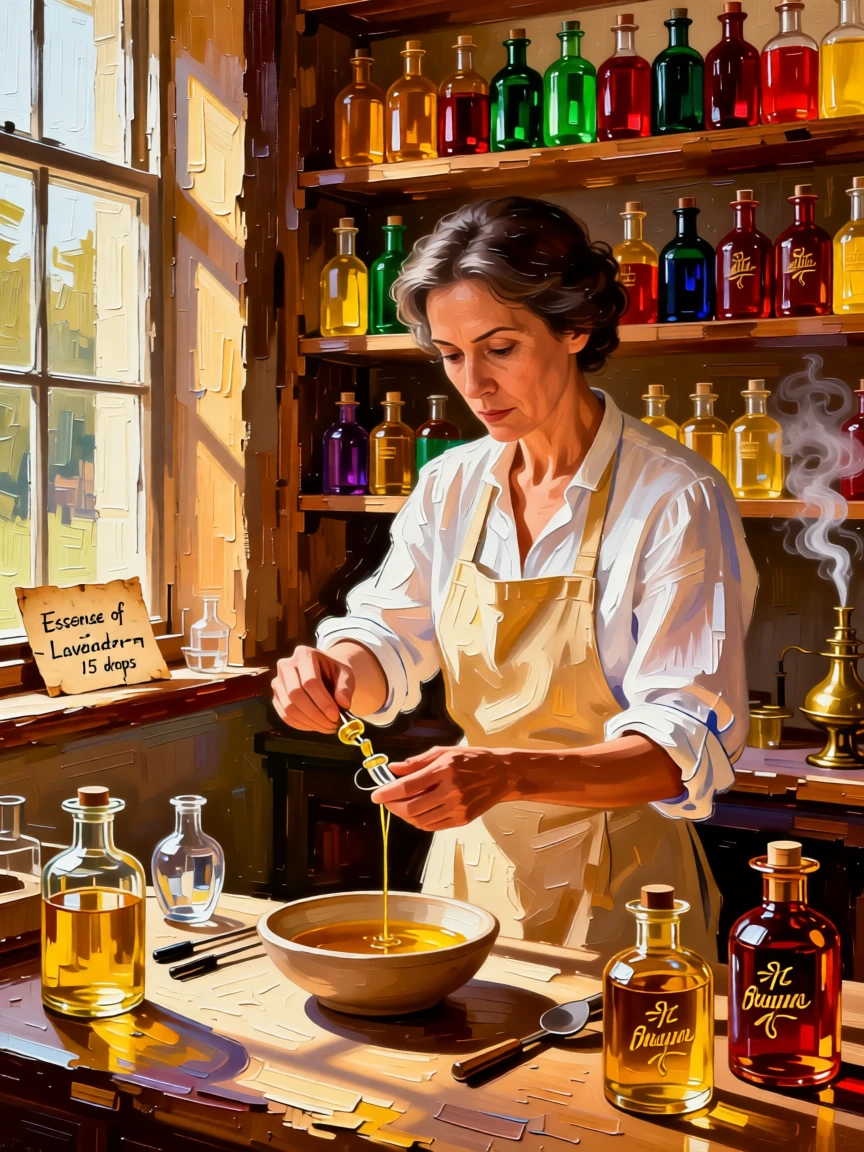 A perfumer carefully blending oils from rows of glass bottles in a sunlit atelier