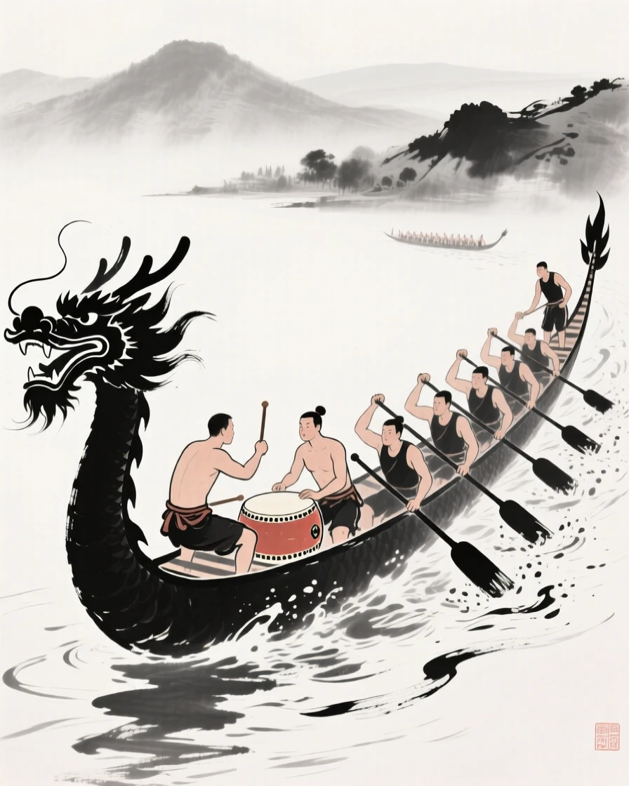 Drummers keep rhythm at the bow of a dragon boat as oars strike the water in unison, with distant hills forming a backdrop to the race.