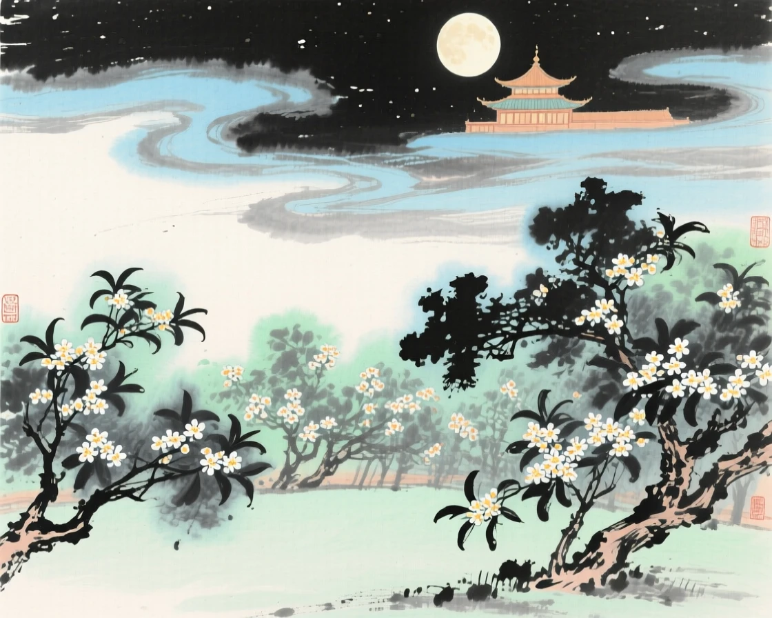 The moon palace glowing softly above a garden of frozen osmanthus trees, in the height of summer, under a sky streaked with clouds, radiating gentle serenity.