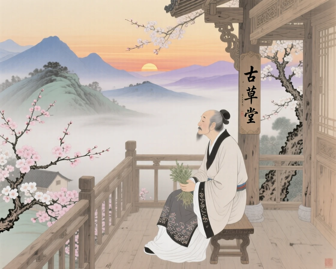 A village healer watching the sunset in quiet reflection on a terrace overlooking misty mountains