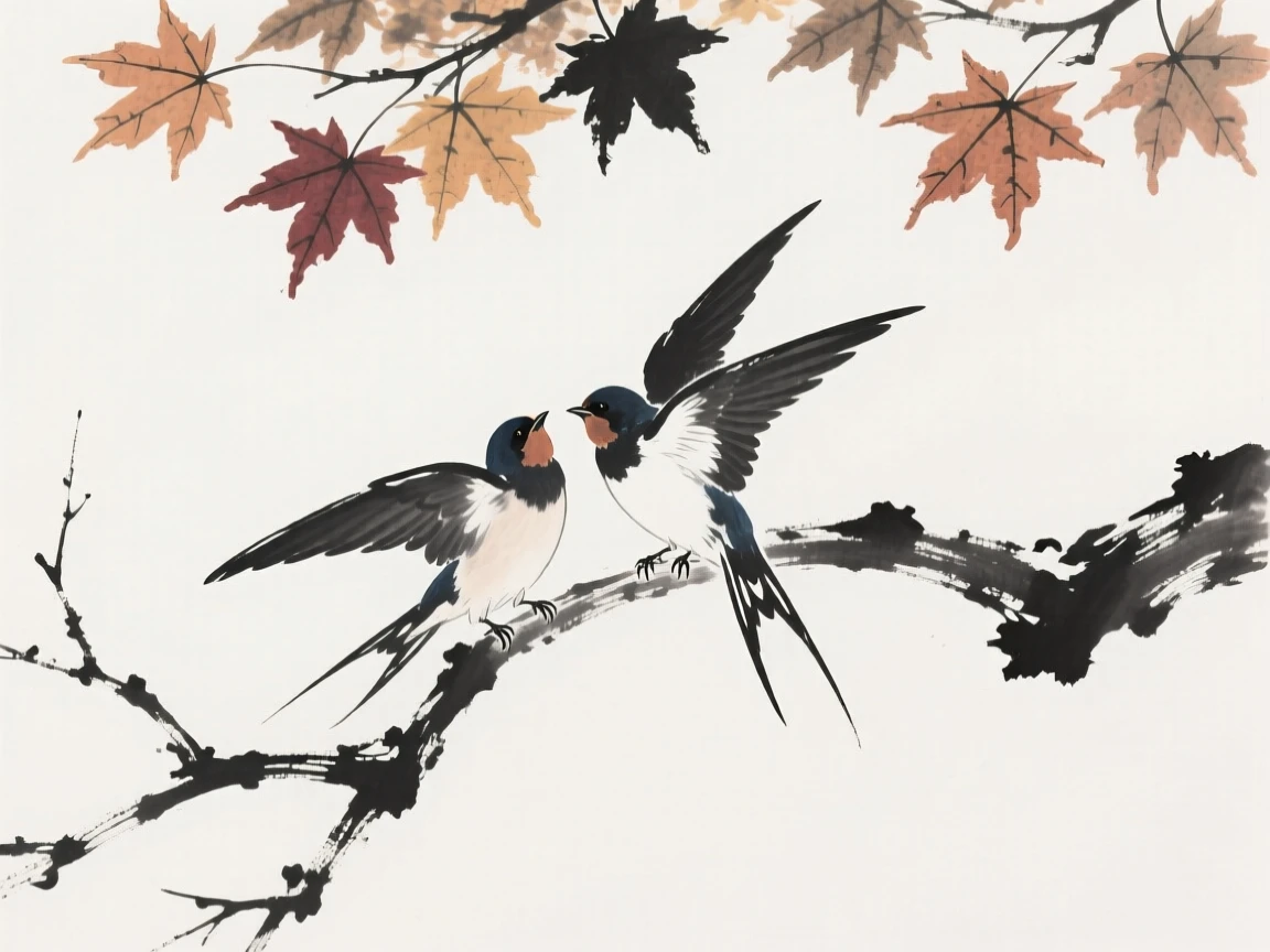 A pair of swallows perched on a bare winter branch beneath a canopy of autumn maple leaves, captured mid-motion with wings outstretched, carrying a quiet, poetic stillness.