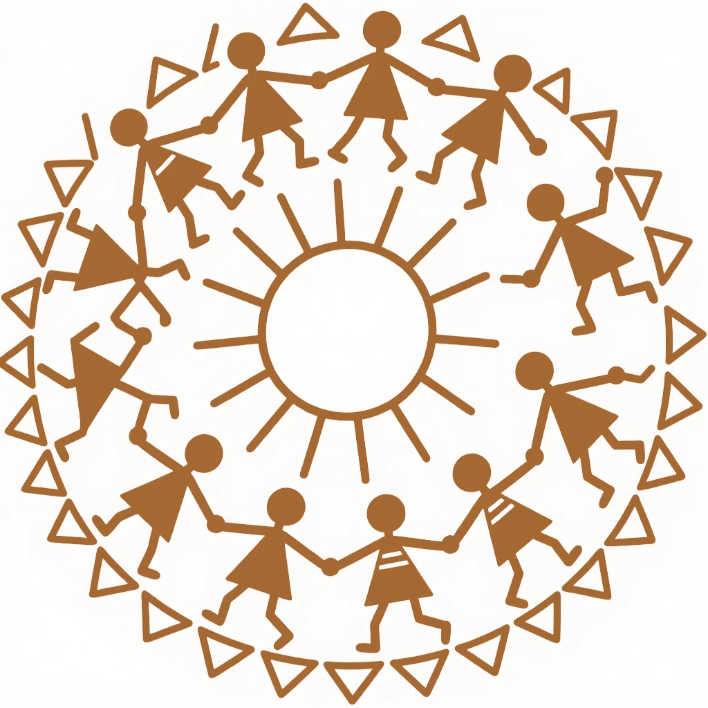 A central sun surrounded by circles of dancing villagers.
