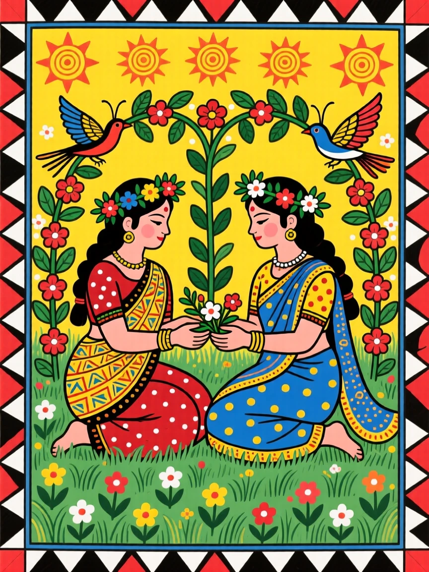Two sisters braiding flower crowns in a meadow at midday.