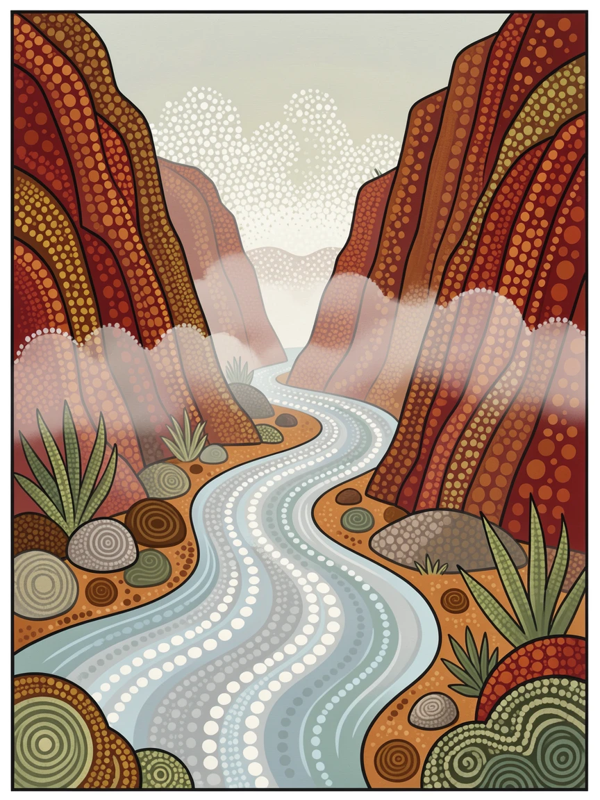 A red rock canyon river shrouded in morning mist