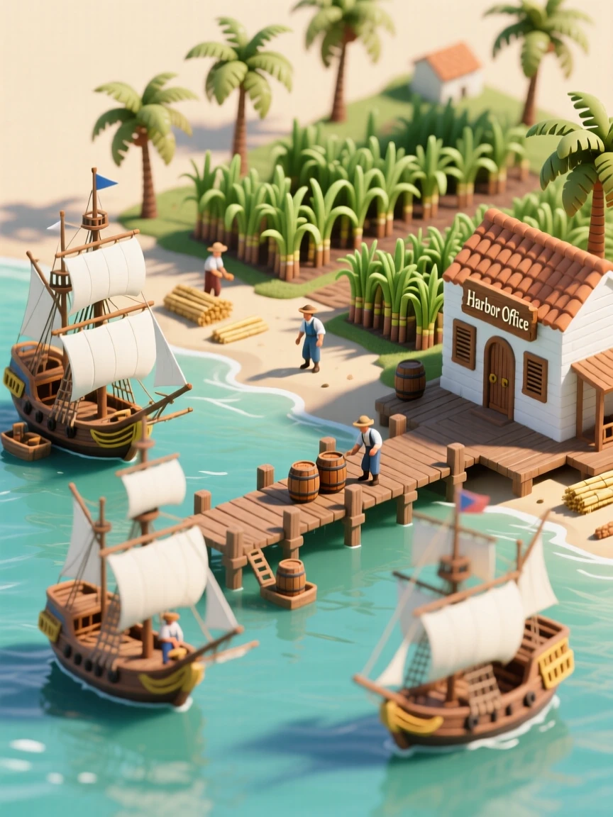 A colonial Caribbean sugar plantation harbor with ships loading barrels, palm trees swaying along the shoreline.