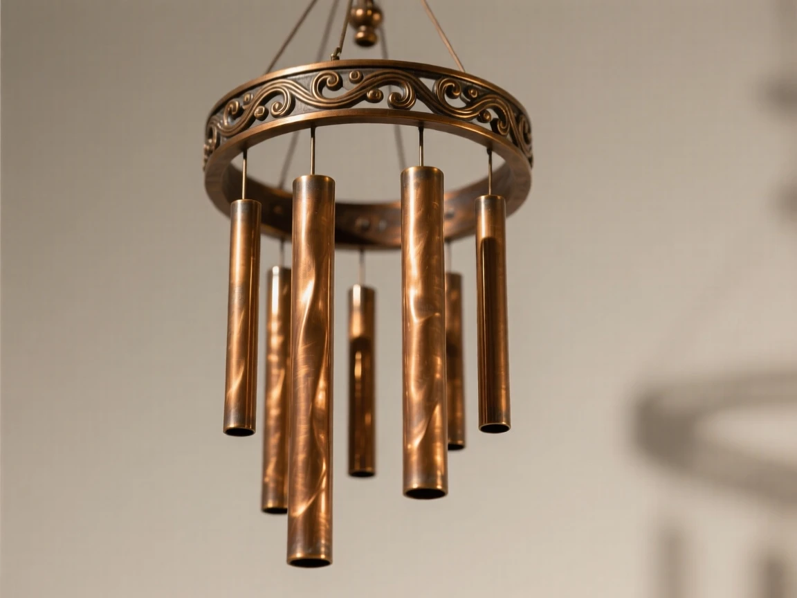 A decorative wind chime catching a gentle breeze, catching the light with rich, warm reflections, radiating elegance and refinement