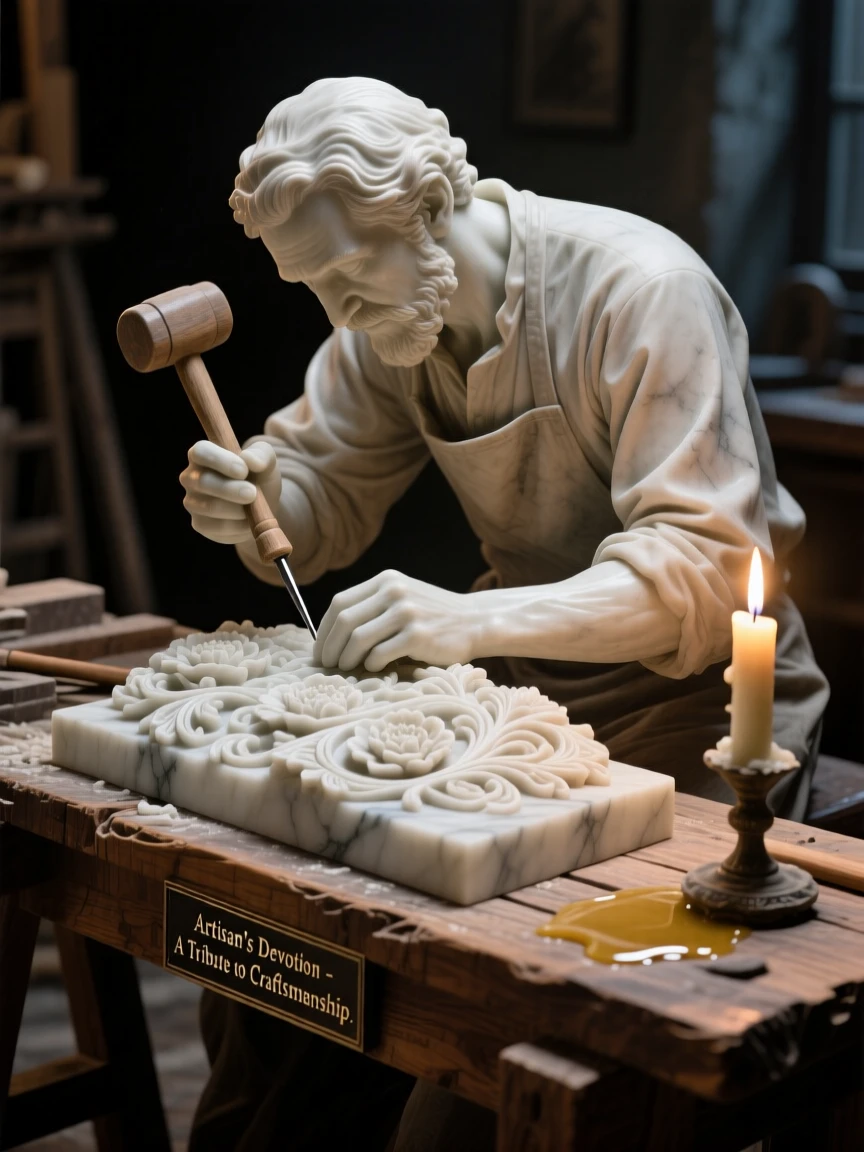 An evocative depiction of an artisan carving intricate patterns by candlelight, captured with cinematic depth and detail, balancing detail with emotional depth