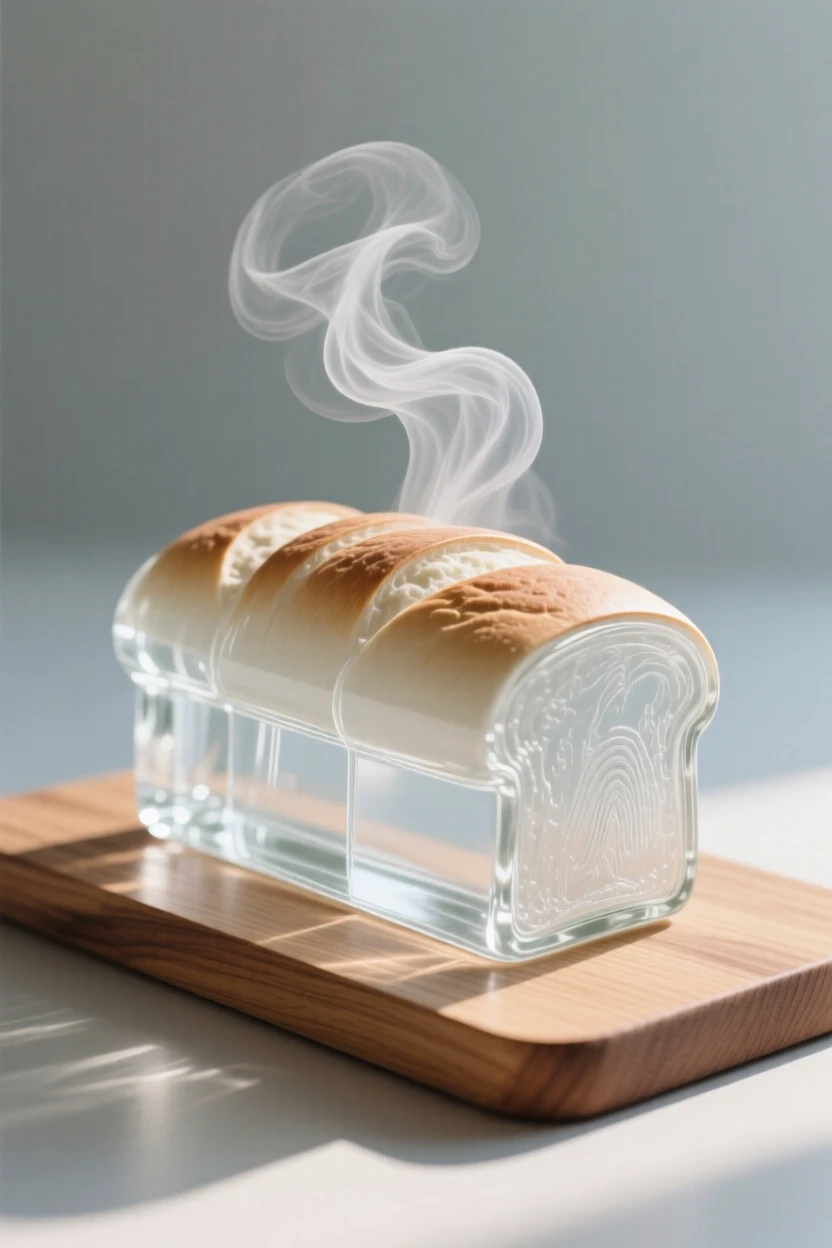 As steam rises gently into the morning air, a loaf of freshly baked bread cooling on a wooden board, while the scent of fresh baking fills the room