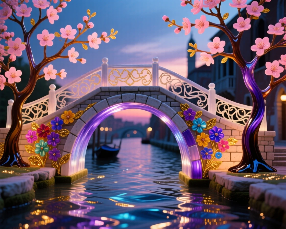 A grand old stone bridge arching over a river lined with blossoming trees at the height of dusk, romantic and timeless.