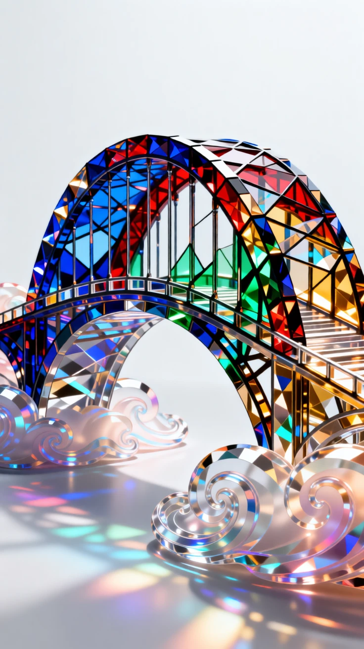 A dreamlike bridge of stained glass arching over a sea of swirling clouds.