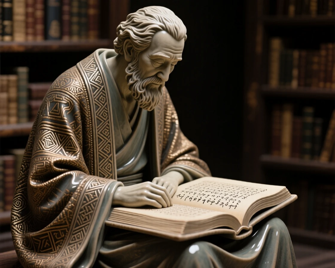 A scholar of the ancient library lost in study seated in quiet, contemplative repose, draped in richly embroidered ceremonial cloth, radiating dignity, honor, and cultural pride.