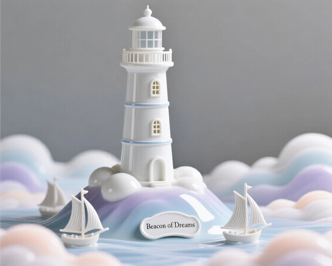 A dreamlike scene of a lighthouse guiding ships across a sea of clouds, evoking a gentle sense of magic and possibility.
