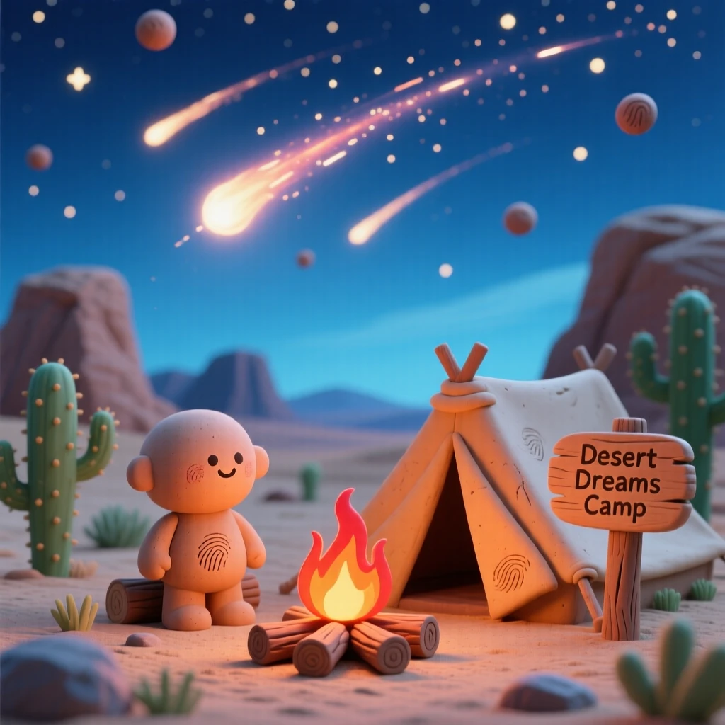 A summer meteor shower streaking above a quiet desert campsite