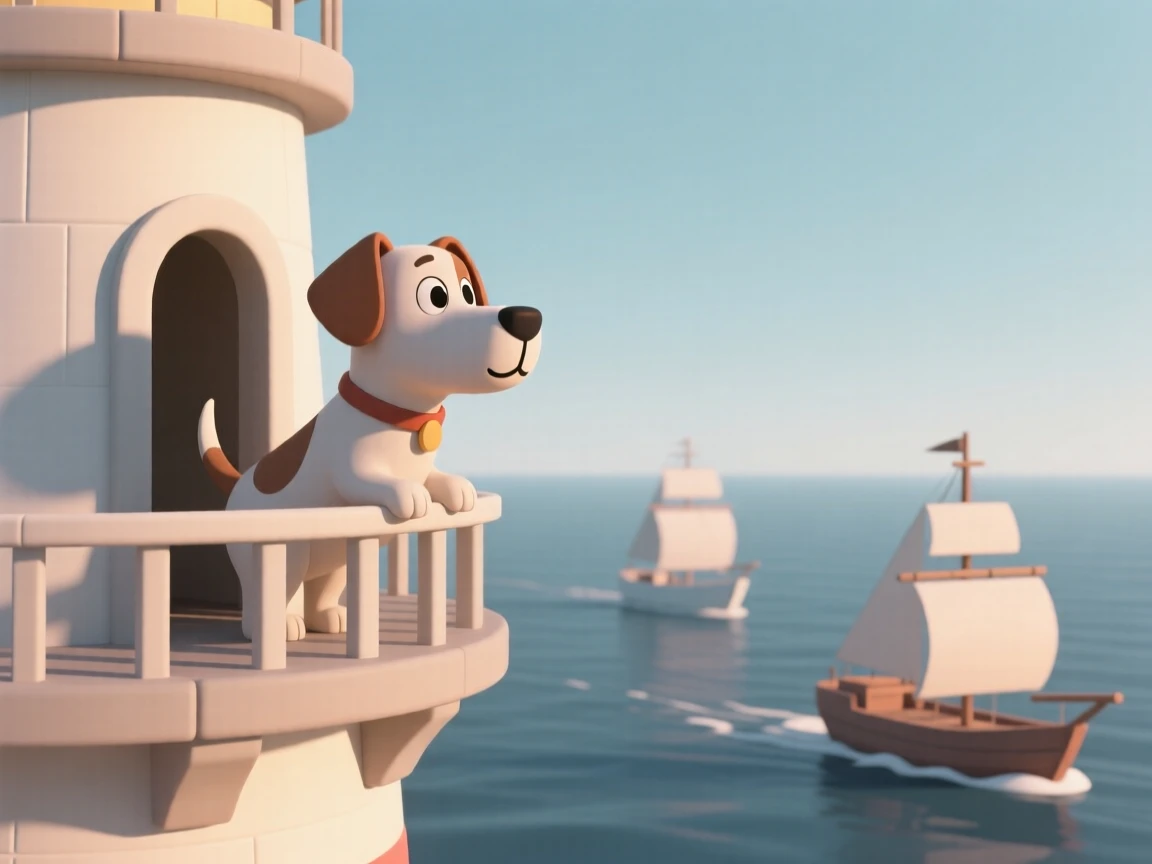 A proud lighthouse keeper's dog watches loyally from the tower balcony as ships pass on the horizon.