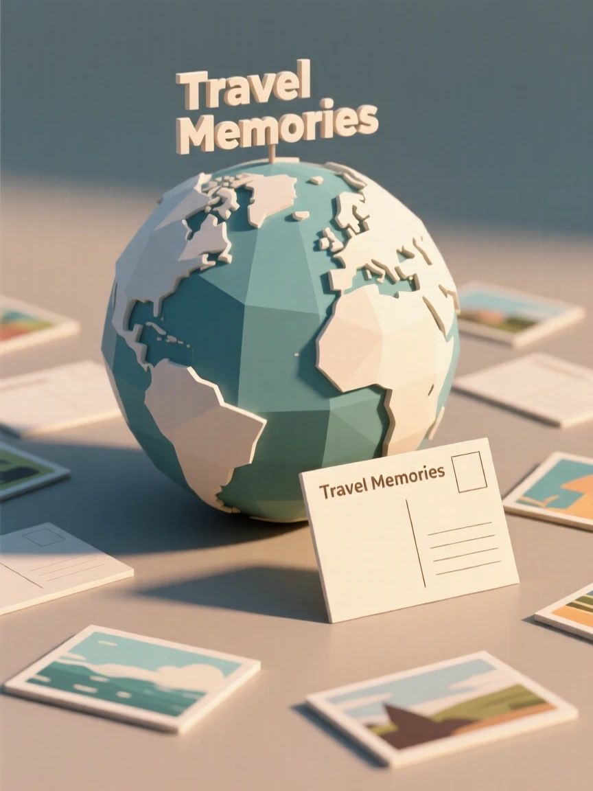 A globe surrounded by scattered travel postcards, bathed in warm afternoon light. fine textures and material details are clearly visible. The atmosphere feels cozy and personal.