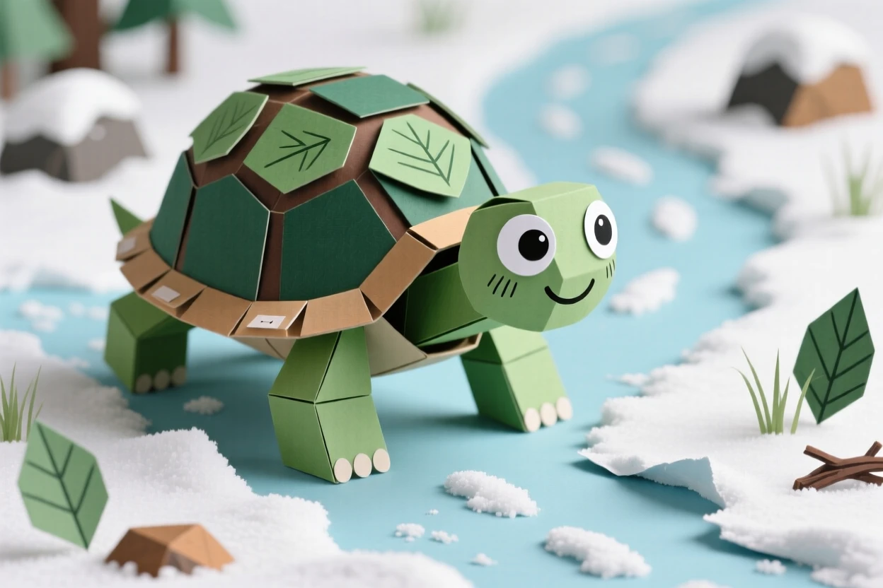 A little garden turtle waddling across a snowy path, with a comically cross-eyed expression, conveying playful, heartwarming delight.