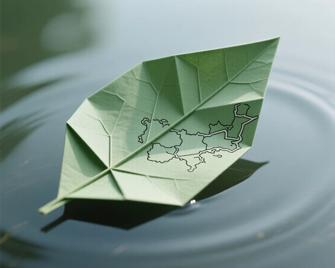 A single leaf floating on water, its veins forming the shape of a tiny map.