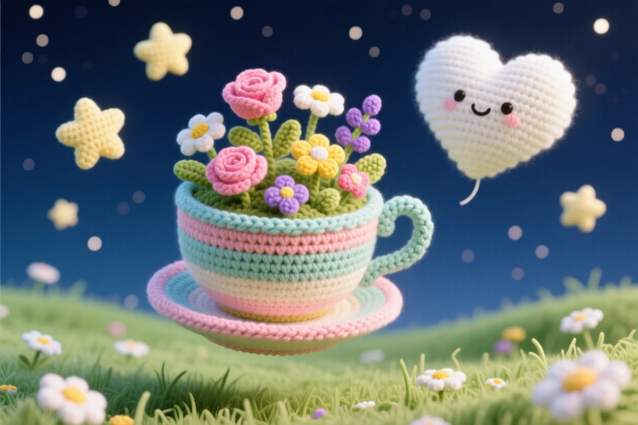 An imaginative scene of a small floating garden shaped like a giant teacup saucer overflowing with blooming flowers, drifting gently above a quiet meadow drifting through a sky scattered with stars; a single drifting cloud shaped like a heart nearby, full of gentle magical wonder.