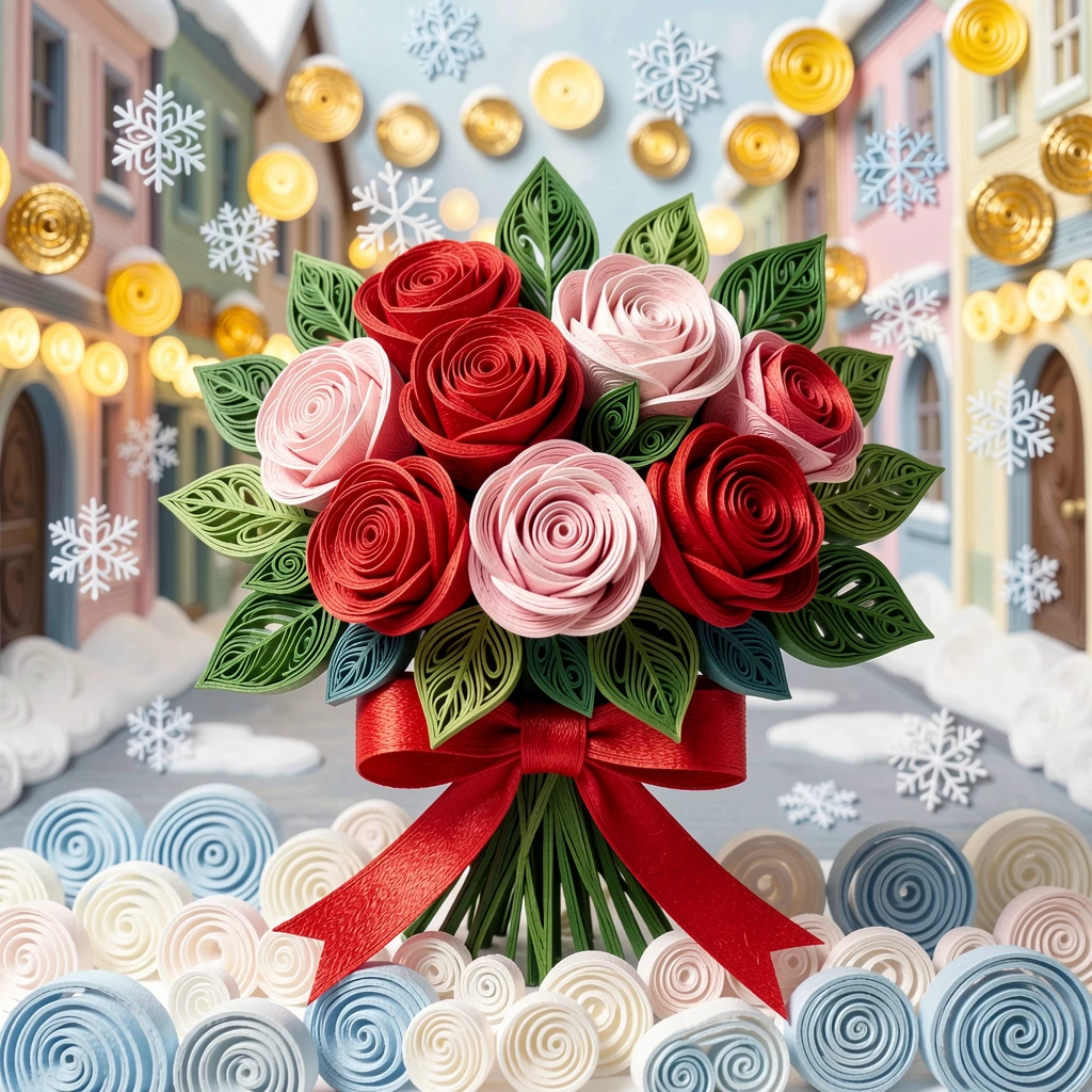 a Valentine's Day bouquet of roses tied with a red ribbon, in a snow-covered village square, captured with festive bokeh lights in the background, with soft snowflakes drifting gently down.