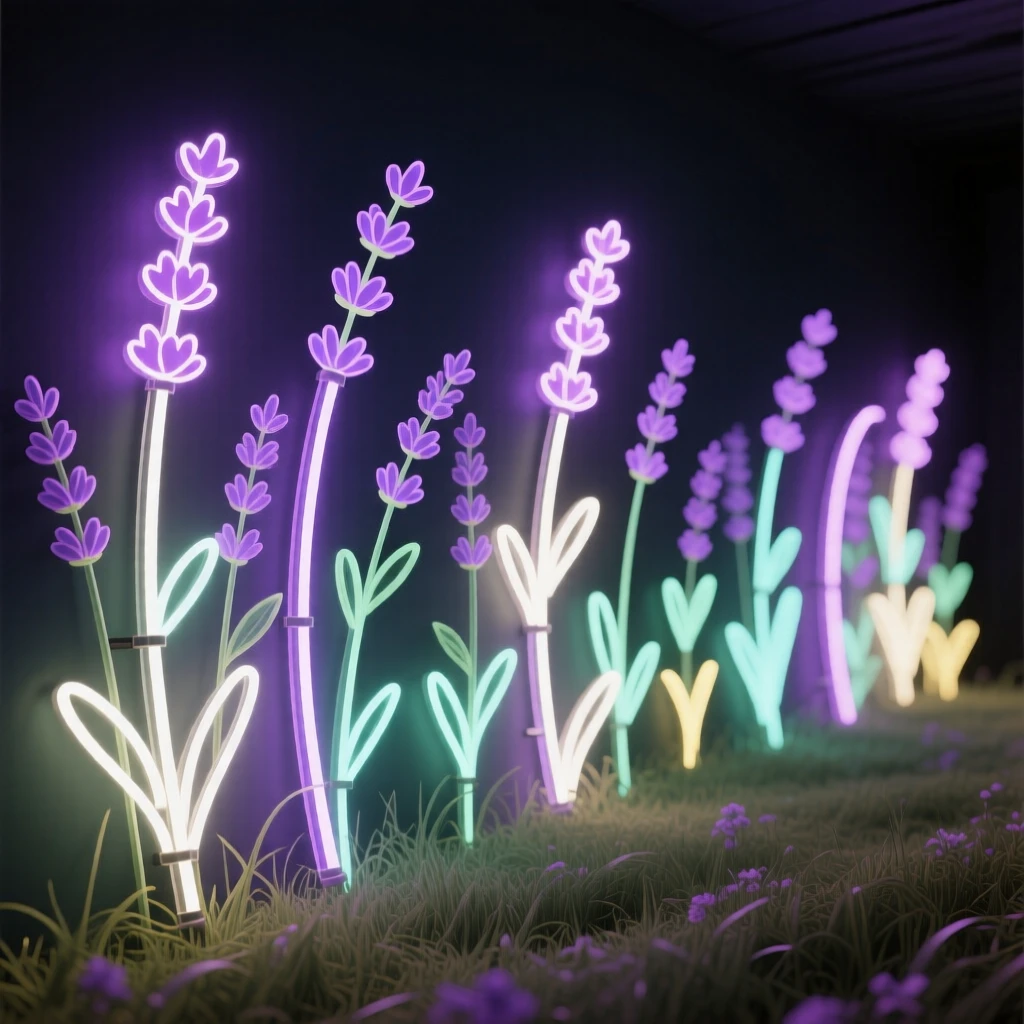 A row of lavender plants swaying in an open field.