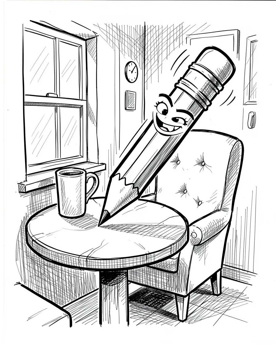 A pencil sharpening itself with a satisfied grin in a bright breakfast nook.