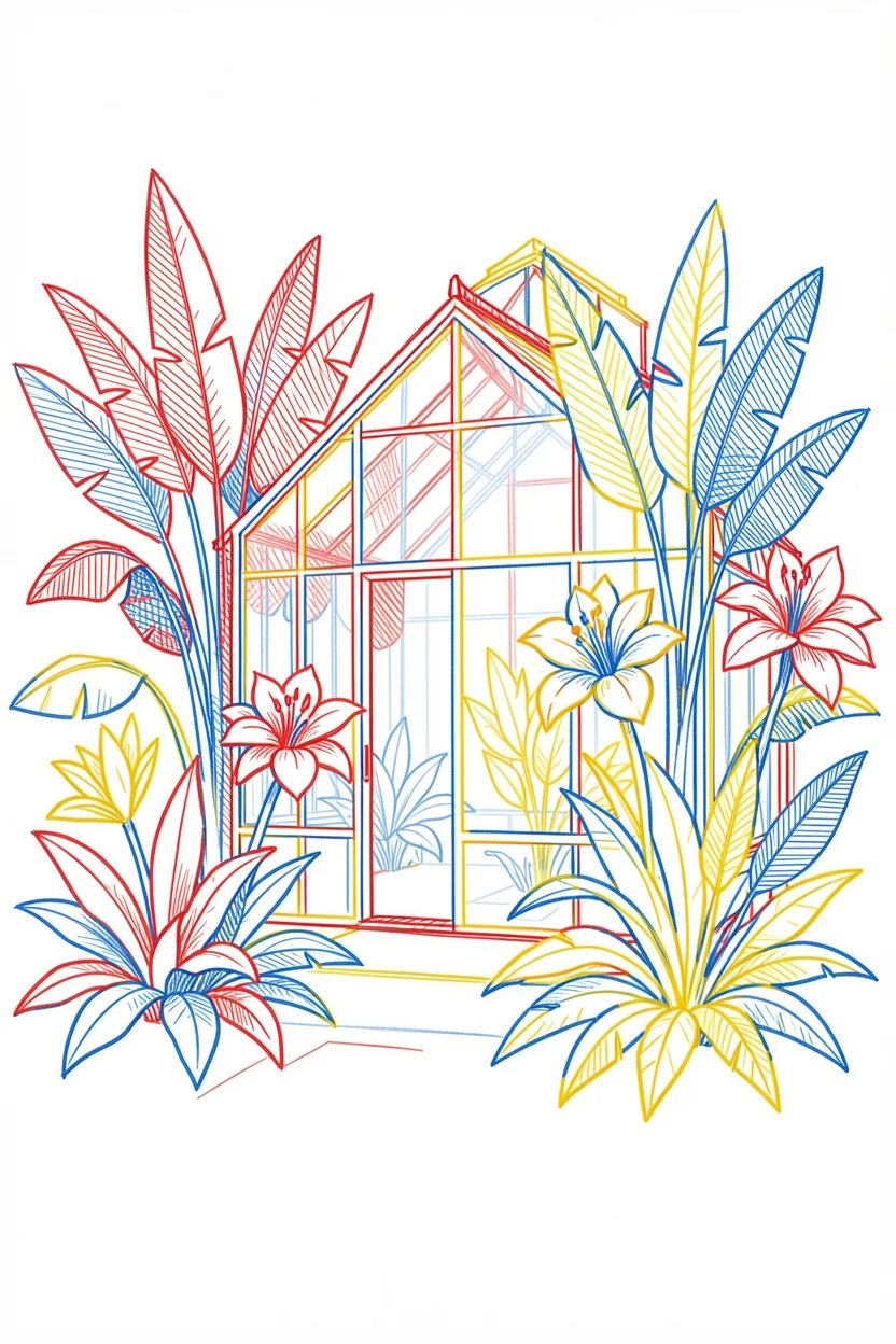 A vibrant botanical garden greenhouse filled with towering tropical blooms