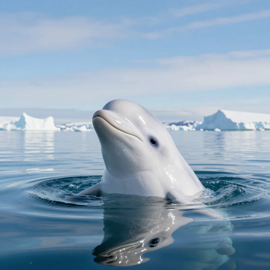 A beluga whale peeking above calm Arctic waters