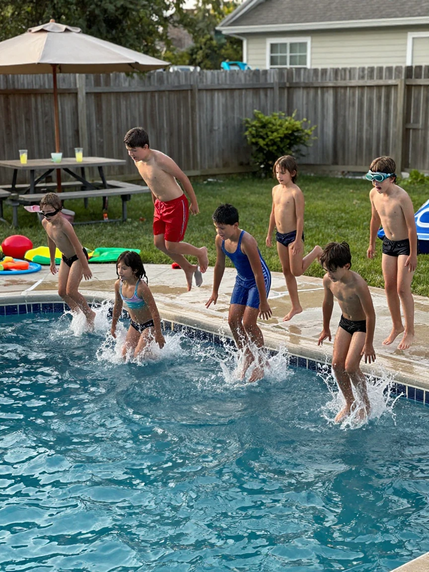 A group of kids attempts synchronized cannonballs into a backyard pool.