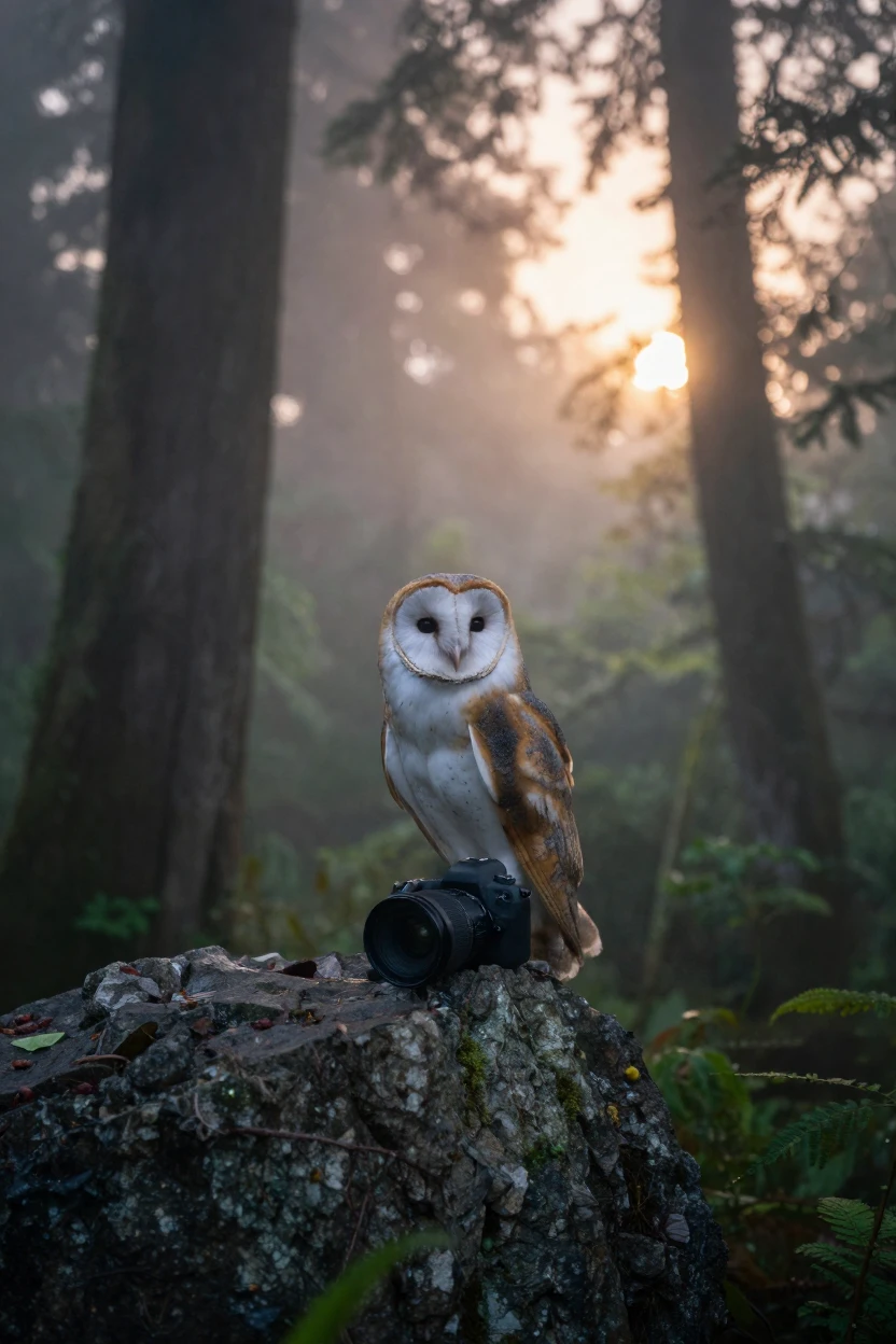 A barn owl watching alertly from atop a rocky outcrop deep within a misty rainforest as the day slowly fades