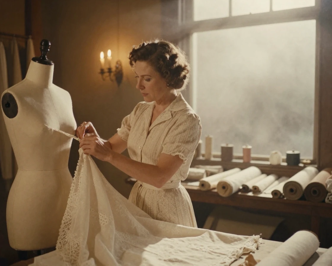 A seamstress pinning fabric on a dress form in a tailor's shop, under flickering candlelight, in thick rolling fog, in the height of summer, in warm honey and cream tones, captured from a low angle looking up.