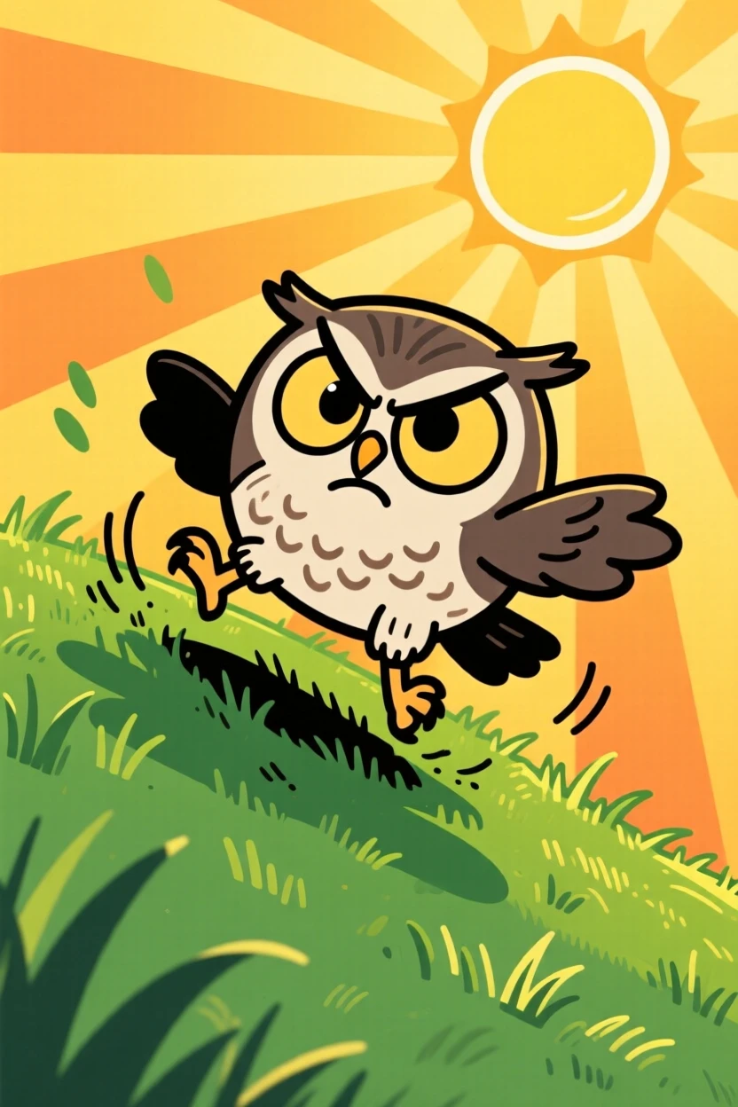 A charming animal moment featuring a grumpy owl tumbling playfully down a grassy hill, under a warm golden afternoon sun.