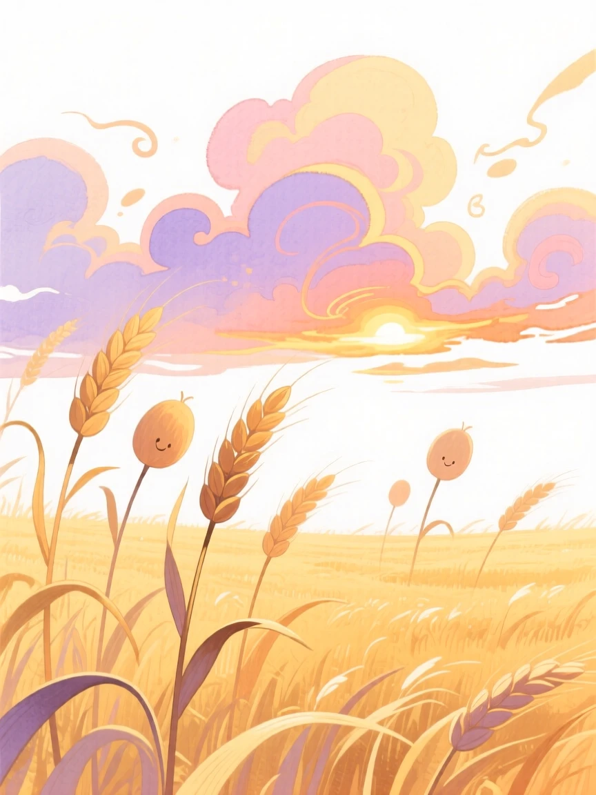 A serene landscape of a golden wheat field swaying under a dramatic sky at golden sunset