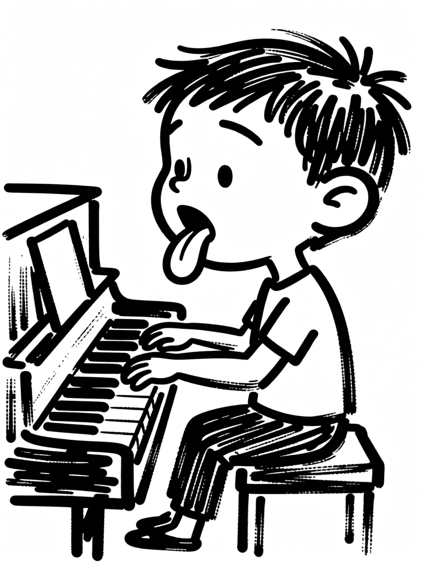 A child taking their very first piano lesson, tongue out in concentration.