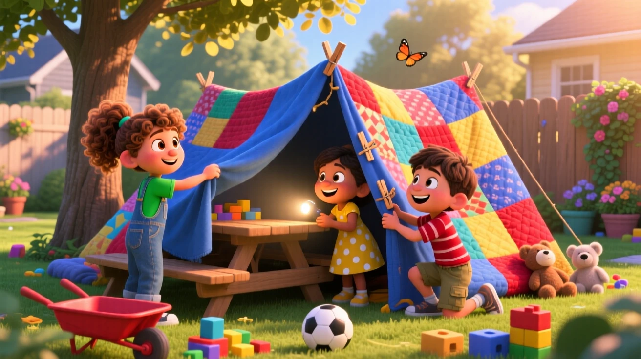 A group of kids building a blanket fort takes place in a sunny backyard scattered with toys, with a flashlight casting playful shadows. The mood is playful, curious, and full of imagination.
