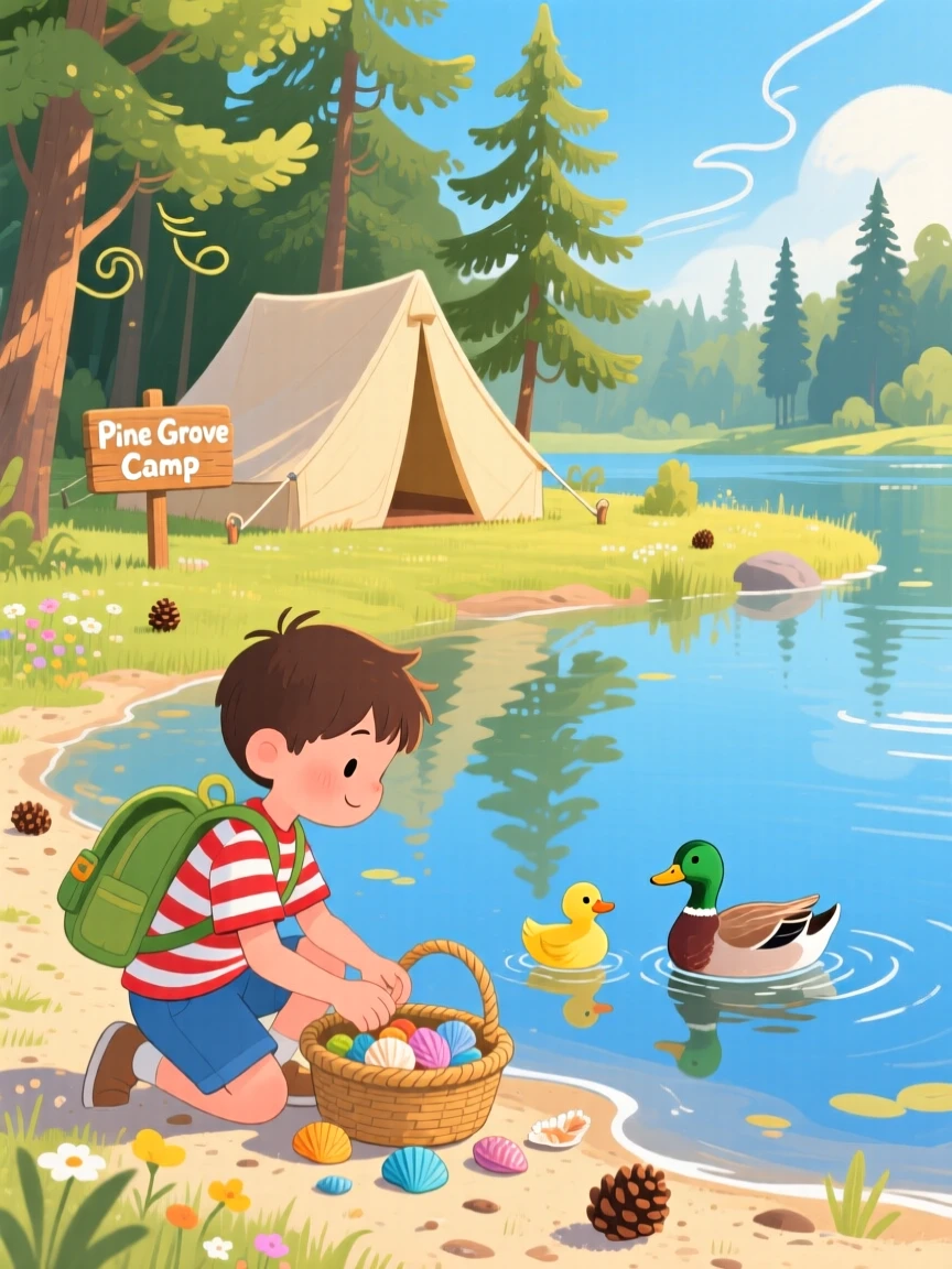 In a quiet lakeside campsite, a boy collecting seashells is watching a family of ducks cross a pond, with the scent of pine drifting on the wind.