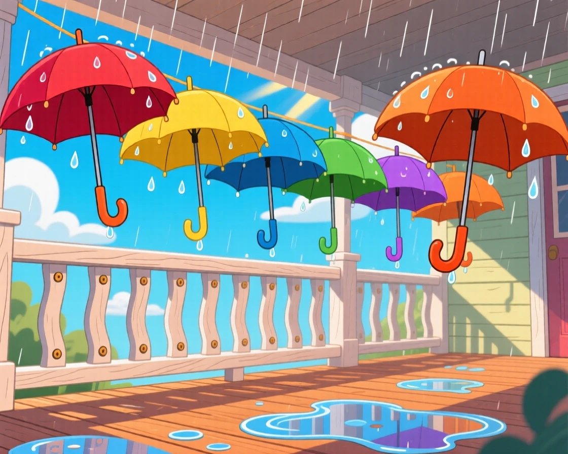 A row of colorful umbrellas drying on a porch after a storm.