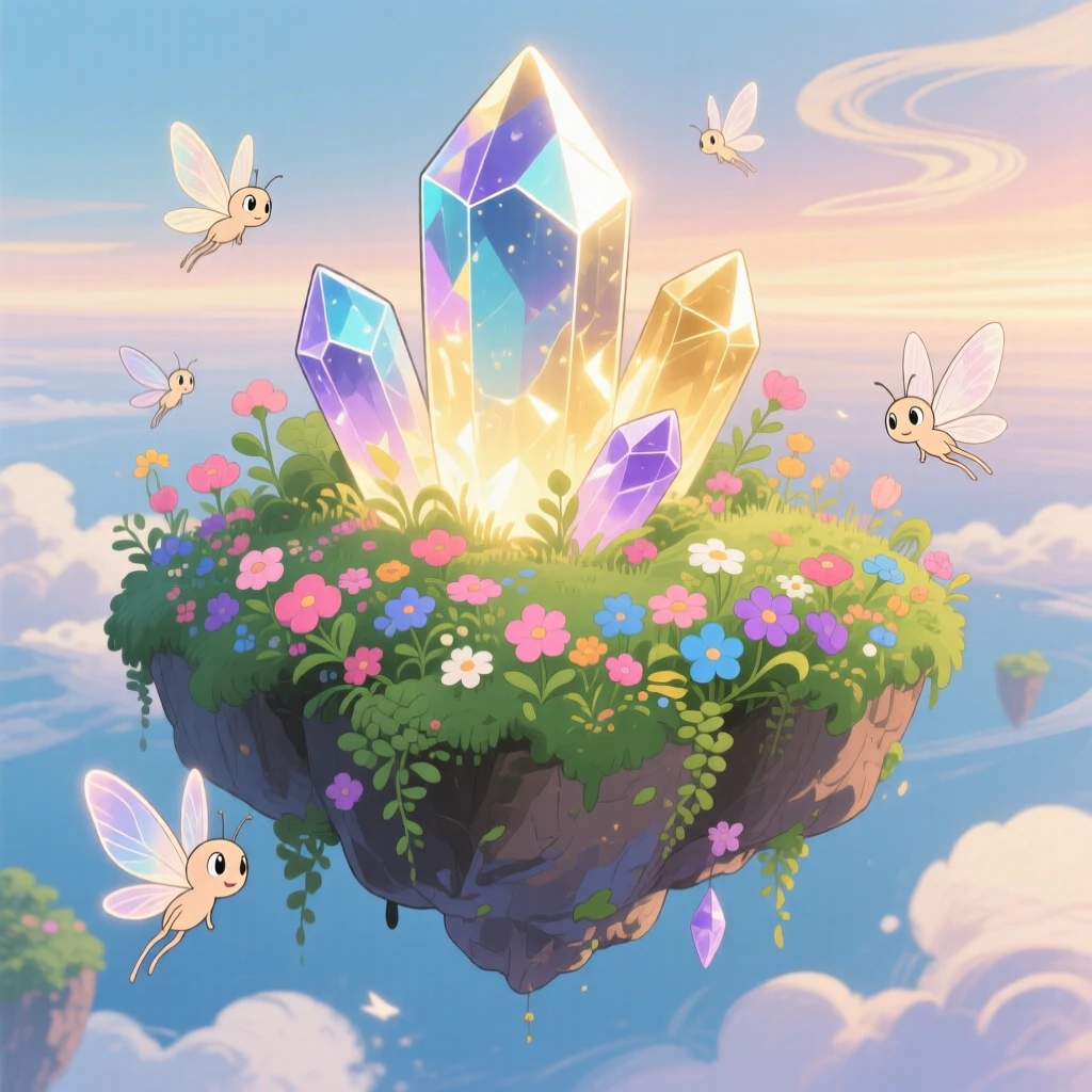 A floating island held aloft by glowing crystals, where tiny winged spirits darting between the flowers can be seen nearby, the atmosphere quietly enchanting.