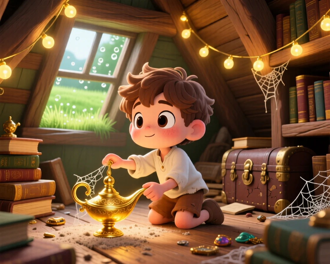 A small boy discovering a genie's lamp in an attic in a dusty storybook attic as morning dew glistens on the grass; warm fairy-light glow washes over the scene as proud determination fills the moment. Worm's-eye view.