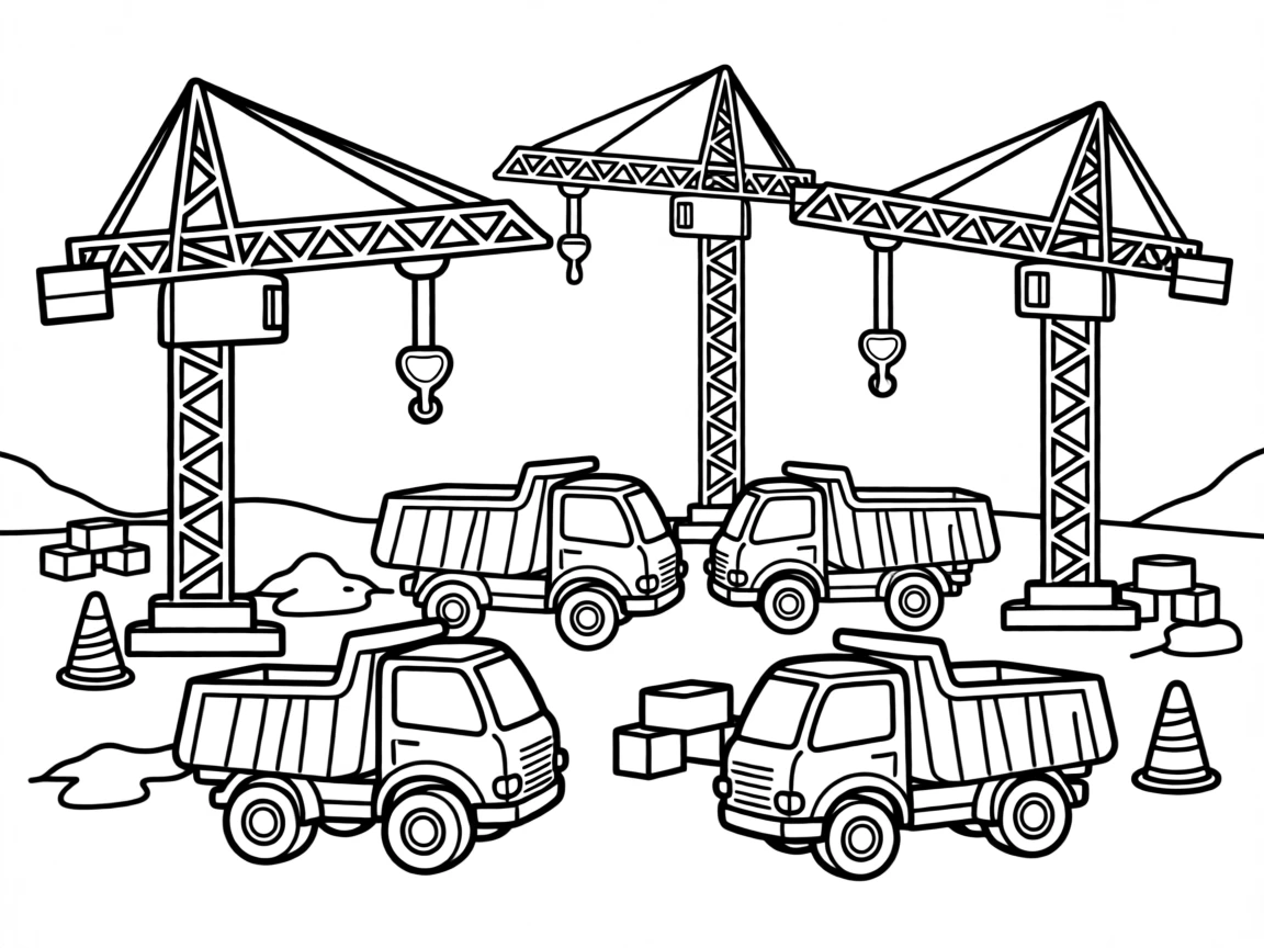 A toy construction site with tiny cranes and dump trucks